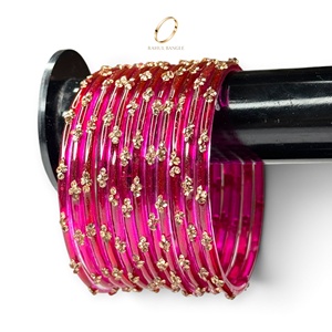 Elegant Trendy Rani Pink Raindrop Glass Kashmiri Bangles Gold Plated Pearl Detailing Wholesale Premium Wedding <b>Set</b> for Women - Product Image 1