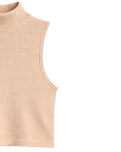 Top Corto Personalizado Beige Acanalado de Cuello Alto Sin Mangas para Mujer, Ajuste Delgado, Elástico, Casual, de Verano, Camiseta sin Mangas, Chaleco Básico de Moda - Product Image 3