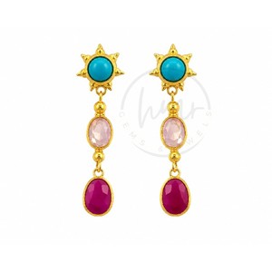 Gold Plated Multi Gemstone Dangle <b>Earrings</b> for Women <b>Turquoise</b> Rose Quartz & Ruby Hydro Bezel Set Statement <b>Earrings</b> - Product Image 1