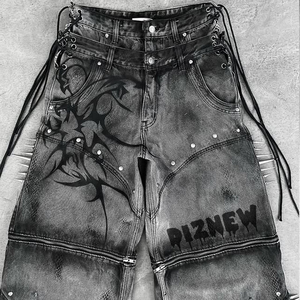 OEM Gothic <b>Bleach</b> Wash Wide Leg Men's Jeans Studded Spike Lace-Up Tribal Print Streetwear Denim Pant - Product Image 2