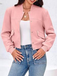 Chaqueta Bomber Rosa de Forro Polar para Mujer, Casual, Cuello Alto, Manga Larga, Cierre de Botones, Bolsillos con Parches, Color Sólido, Ropa de Abrigo para Otoño - Product Image 2