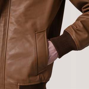 Blouson Bomber Homme en Cuir Véritable Col Montant Fermeture Éclair Décontracté Automne Coupe Slim Couleur Unie Coupe-Vent - Product Image 6