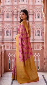Sari de Seda con Estampado Floral Rosa Dorado Tradicional para Mujer, Estilo Indio-Pakistaní, Corte Regular, Largo hasta el Suelo, Sin Arrugas, para Bodas - Product Image 2