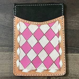 Tarjetero de cuero genuino hecho a mano con diseño a cuadros rosa y blanco, carteras de bolsillo frontal delgadas para hombres y mujeres - Product Image 4