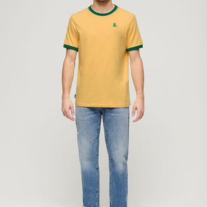 Men's <b>Yellow</b> Solid Short Sleeve O-Neck <b>T</b>-<b>Shirt</b> Green Contrast Trim Casual Front Blank 100% Cotton Knitted Fabric Quick Dry Plus - Product Image 2