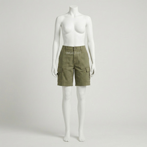 Women's Mid Waist Cargo Shorts Solid Olive Green Terry Casual Drawstring Regular Fit Quick Dry Windproof Breathable Pockets - Product Image 3