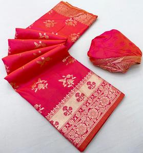 ผ้าส่าหรีอินเดียแบบดั้งเดิมสำหรับงานเทศกาล ผ้าไหมบานาราซีเนื้อนุ่มบริสุทธิ์ พร้อมลวดลายปักดิ้นทอง เหมาะสำหรับงานเลี้ยงฉลอง - Product Image 5