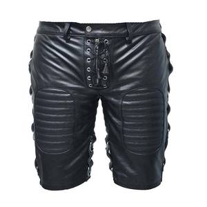 Men <b>Black</b> Real Genuine Leather Shorts Lace Up Front Ring Side Detail Padded Biker Shorts Wholesale <b>High</b> Quality Custom <b>Pants</b> - Product Image 5