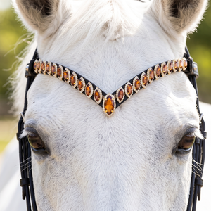 Frontlet de Cheval en Cuir Premium avec Cristaux Ambrés de Luxe, Accessoire de Bridon Anglais Orné de Strass, Confortable et Durable - Product Image 1