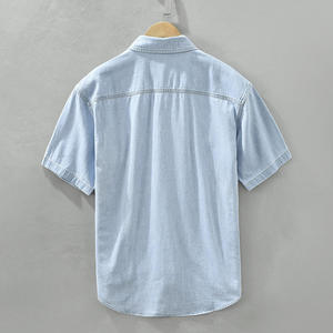 Chemise en jean sergé personnalisée pour homme, manches courtes, coupe ajustée, coutures renforcées, écologique, respirante, tenue de travail décontractée, vente en gros - Product Image 3