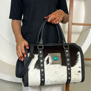 Wholesale Genuine Leather Hair On Cowhide Speedy Duffel <b>Bags</b> Western Turquoise Concho Stylish <b>Shoulder</b> Travel <b>Bags</b> For Women - Product Image 4