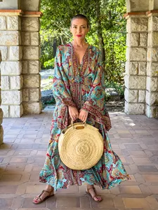 Robe longue bohème vintage à fleurs, élégante, col en V, manches évasées, robe maxi imprimée en soie - Product Image 3