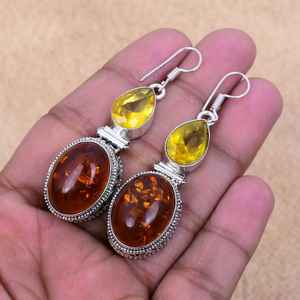 Boucles d'oreilles pendantes en argent sterling 925 faites à la main avec pierres précieuses d'ambre de la Baltique et citrine, cadeau d'anniversaire de luxe certifié pour les fêtes - Product Image 1