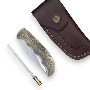 Couteau pliant en acier au carbone avec verrouillage arrière, manche en bois de cerf, étui de transport vertical, couteau de poche EDC pour la chasse et le camping, couteau personnalisé OEM - Product Image 2