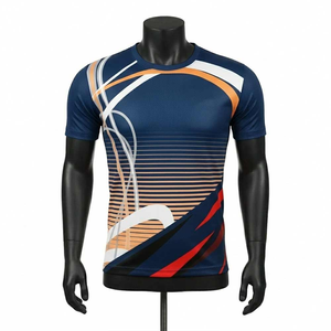 Camiseta de Manga Corta para Hombre, Cuello Redondo, Color Azul Marino, Patrón Geométrico, Secado Rápido, Tejido Deportivo, Corte Ajustado, Largo Regular - Product Image 1