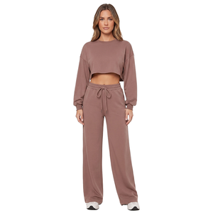 Ensemble sweat-shirt court pour femme, haut à manches longues et col rond avec pantalon à jambes larges et cordon de serrage, tenue décontractée deux pièces assortie B2B - Product Image 1