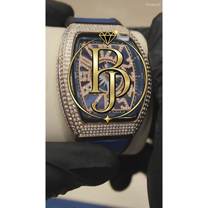Montre analogique de luxe pour homme, mouvement à quartz Shanghai, boîtier rectangulaire, incrusté de diamants, bracelet en cuir bleu or rose, boîtier en métal - Product Image 4