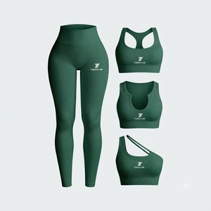 Conjunto de Yoga de 2 Piezas: Leggings de Cintura Alta con Textura Acanalada y Sujetador Deportivo Racerback con Bloques de Color, Ropa Deportiva sin Costuras - Product Image 2