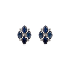 Oval Cut 100% Natural Blue Sapphire & Round Cut Diamond Cluster Floral Design 925 Sterling <b>Silver</b> <b>Stud</b> Earrings for Women's - Product Image 1