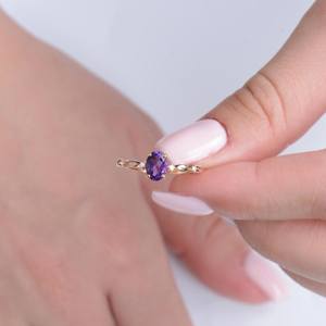 Bague de fiançailles en améthyste violette, délicate, ovale, avec pierre précieuse violette, alliance de mariage, bijou pierre de naissance en améthyste, argent 925 - Product Image 3