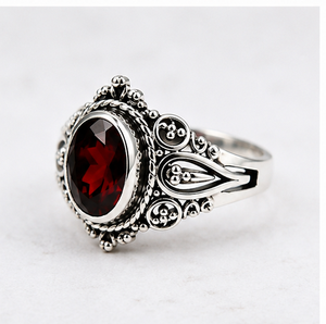 Red Garnet Sterling <b>Silver</b> <b>Ring</b>, Oval Garnet <b>Ring</b>, 925 <b>Silver</b> <b>Statement</b> <b>Ring</b>, Vintage Boho Gemstone Jewelry, Gift for Her - Product Image 1
