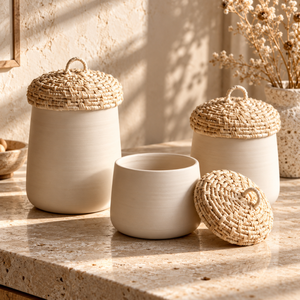 Woven Lid Ceramic Canisters Loop Handle <b>Kitchen</b> <b>Pantry</b> Set | Decorative Countertop Organizer Containers for Modern Homes <b>Storage</b> - Product Image 4