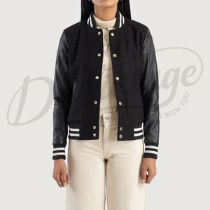 Women Varsity Letterman <b>Jacket</b> Black Wool Body with Black Real <b>Leather</b> Sleeves Slim Fit Premium Classic Baseball Casual College - Product Image 6