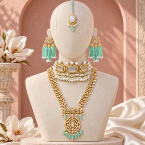Wholesale Mint <b>Bridal</b> <b>Jewelry</b> <b>Set</b> Long Necklace Pearl Choker Earrings Tikka Bulk Manufacturer - Product Image 4