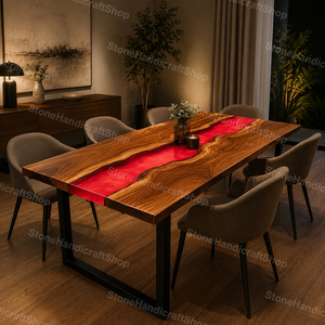 Handmade <b>Solid</b> <b>Wood</b> Dining <b>Table</b> With Red Epoxy Resin River Modern Design Rectangle <b>Top</b> Indoor Furniture Decor - Product Image 3