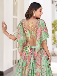 Ensemble Lehenga Choli Traditionnel en Soie Chiffon Brodé Vert et Rose à Séchage Rapide avec Dupatta Longueur Ras du Sol – Robe de Mariage Indienne et Pakistanaise - Product Image 5