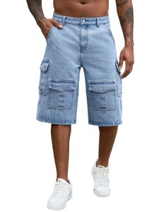 Men's Light Blue Denim Cargo Shorts Mid Waist Button Fly Casual Bermuda Style With Pockets Breathable Cotton Fabric - Product Image 1