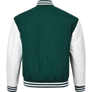 Chaqueta Varsity Verde y Blanca para Hombre, con Mangas de Cuero, Corte Regular, Color Sólido, Cuello Alto, Cierre de Botones, para Otoño - Product Image 3