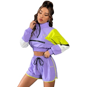 Conjunto de Dos Piezas de Punto Sólido Informal para Mujer de Alta Calidad, Chaqueta Cortavientos y Pantalones Cortos, Chaqueta Cálida 100% Algodón, Venta al por Mayor de Verano - Product Image 1