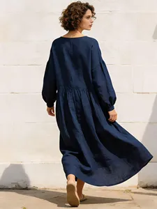 Women Navy Blue Cotton Maxi <b>Dress</b> O Neck Long Sleeve Loose Fit <b>Boho</b> Casual Flowy <b>Summer</b> <b>Dress</b> - Product Image 4