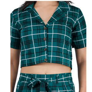 Conjunto coordinado de 2 piezas a cuadros verdes para mujer, camisa corta con botones en la parte delantera y pantalones con cordón de cintura alta, conjunto informal a juego - Product Image 4