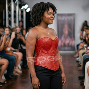 Overbust Steelboned <b>Red</b> Crocodile Leather <b>Corset</b> With Front Busk Closure | Fashion Wear <b>Corset</b> <b>Top</b> - Product Image 2
