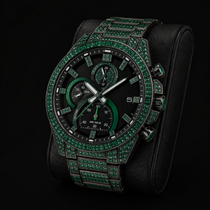Reloj Cronógrafo Green Diamond, Reloj de Pulsera de Acero Negro de Lujo, Reloj de Diseño Premium, Accesorio de Moda con Cristales - Product Image 1