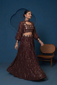 Burgundy Beaded Lehenga Set <b>Sequin</b> Embroidered <b>Crop</b> <b>Top</b> Pleated Skirt Indian Wedding Outfit - Product Image 5