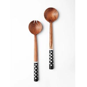Black and White <b>Dotted</b> Resin Acacia Wood Salad Server Set with Spoon and Fork Dishwasher Safe for Serving Salads Side Dishes - Product Image 1