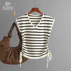 Col en V dames été haut tricoté décontracté à manches courtes avec cordon décoration mode femmes <span class=keywords><strong>sans</strong></span> manches gilet en tricot - Product Image 2