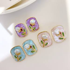 Pendientes de Perlas Barrocas de Agua Dulce con Pintura al Óleo de Estilo Chino Retro, Temperamento Simple con Belleza Natural - Product Image 2