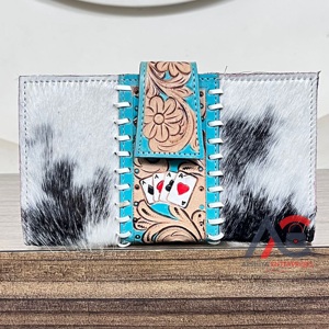 Portefeuille en cuir véritable style western, nouveauté, motif floral turquoise, pochette de créateur pour femme, motif cartes à jouer, vente chaude - Product Image 1