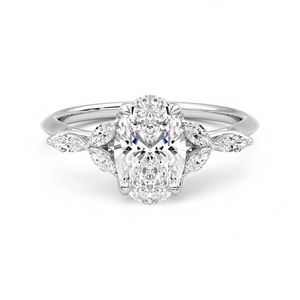 Anillo de Compromiso de Oro Blanco de 14K con Diamante Cultivado en Laboratorio de Corte Ovalado de 2.80 CT, con Piedras Laterales Marquise y Diseño Floral de Hojas - Product Image 1