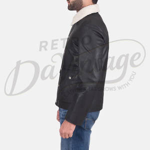 Chaqueta de Cuero Genuino Negra para Hombre con Cuello de Piel Sherpa Blanca, Chaqueta de Cuero Estilo Biker Casual, Ajustada y Cálida para Invierno - Product Image 5