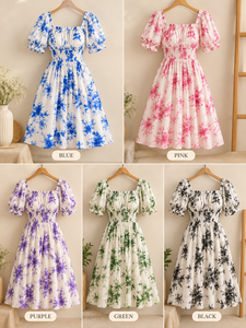 Vestido Maxi Tejido con Estampado Floral, Cuello Cuadrado, Manga Corta, Corte en A, Casual, Veraniego, Transpirable, Ecológico, 100% Algodón - Product Image 4