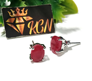 KGN SILVER JEWELLERY HOUSE Pendientes de tuerca de rubí rojo natural, plata de ley 925, gema ovalada, joyería minimalista de piedra de nacimiento, tercera piedra - Product Image 2