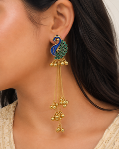 Boucles d'oreilles pendantes bohèmes cachemiriennes Paon pour femme, longues chaînes plaquées or 18 carats, émail, bijoux ethniques indiens, vente en gros - Product Image 2