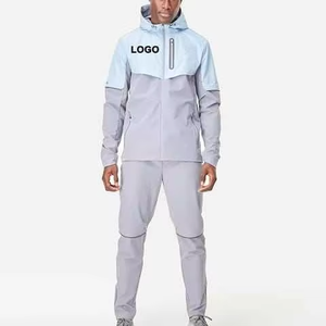 <b>Men</b> Activewear Windbreaker Suit Running <b>Jacket</b> Pants Set Custom Logo OEM Wholesale <b>Men's</b> Hooded Soft Shell <b>Jacket</b> Set <b>Light</b> Blue - Product Image 1