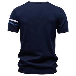 Camiseta Casual de Punto para Hombre, Cuello Redondo, Manga Corta, Color Azul, Corte Regular, Diseño con Ribete en Contraste - Product Image 2