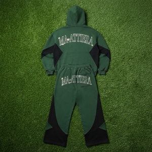 Ensemble survêtement personnalisé pour homme, vert foncé avec empiècements noirs, en molleton de coton, style streetwear, vente en gros OEM - Product Image 6